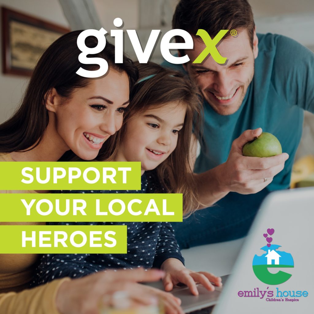 Givex promotional visual features the Givex corporate logo and a family at a computer with the slogan: “Support your local heroes.”