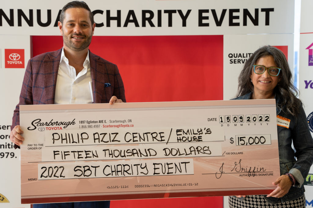 Scarborough Toyota donation cheque of $15,000 presented to a representative of the Philip Aziz Centre and Emily’s House