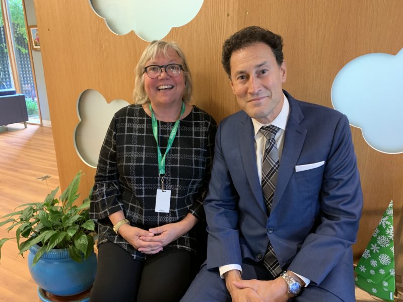 Photo of Emily’s House CEO, Rauni Salminen, sitting beside TVO host, Steve Paikin, during his visit to Emily’s House prior to the televised interview panel