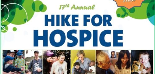 The hike event poster includes photos of a range of hospice clients and families from: past hike events, from Emily’s House Away Camp, Emily’s House prom, a volunteer with two kids at Emily’s House, a volunteer reading the paper with her adult client, and a smiling little boy with a stuffed toy