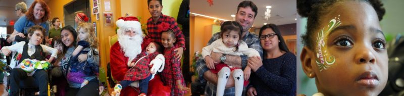 Photos of children, families, and volunteers at an Emily’s House family holiday party includes Santa Claus holding a small child