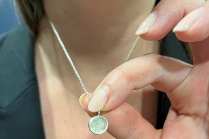 Melissa Wears Baby Ethan’s Fingerprint on her Dimples Sterling Silver Thumbprint Charm